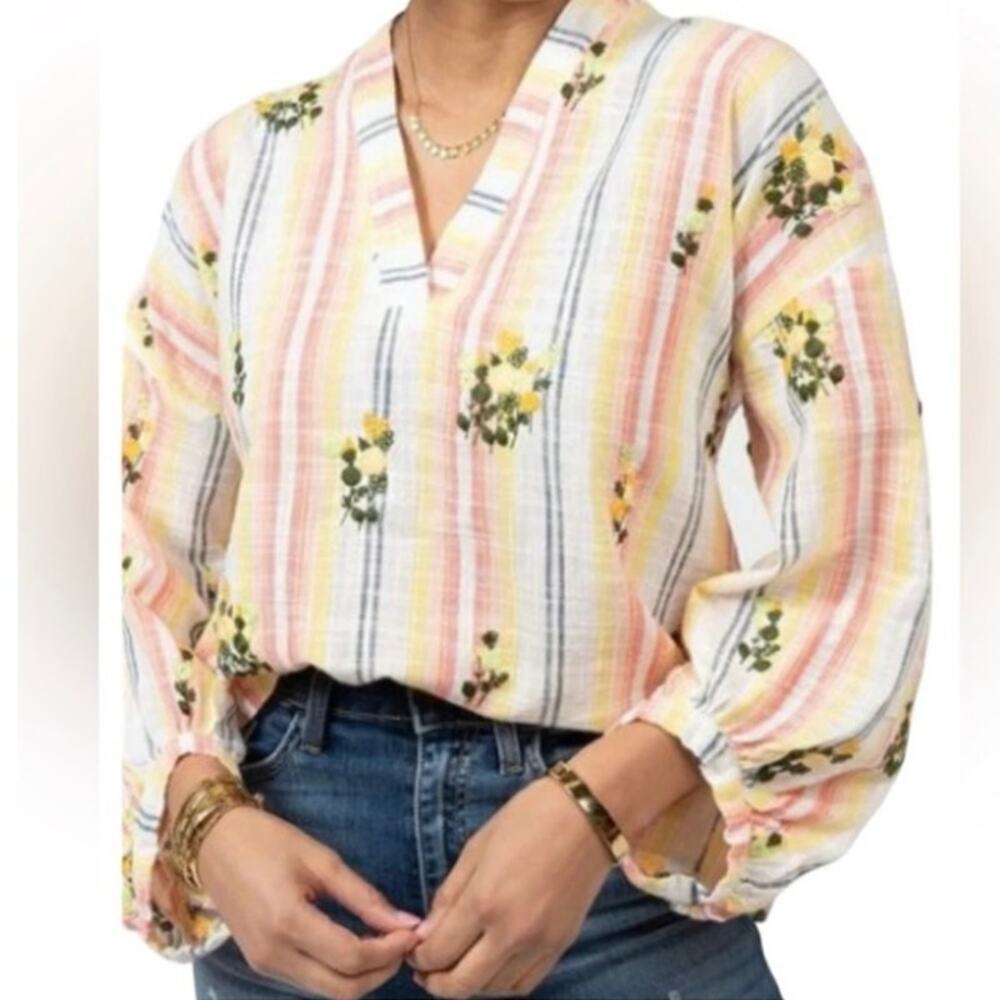 IVY JANE Popping With Flowers Popover Tunic Embroidered Striped Boho - Sz XS